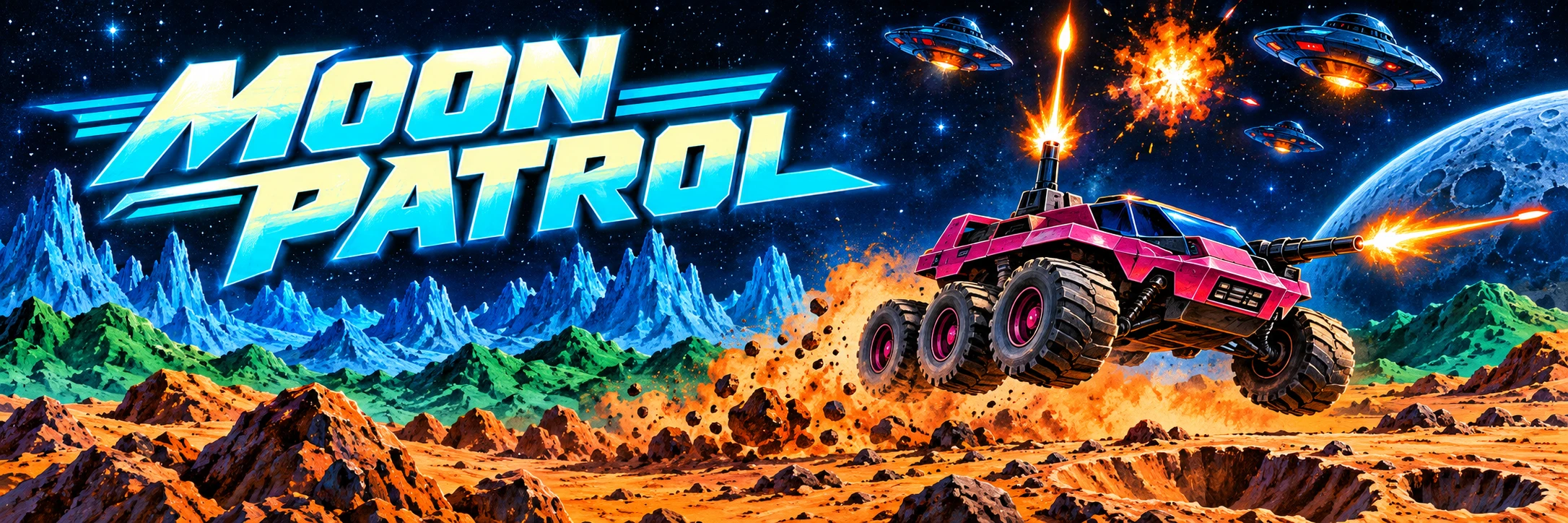 Moon Patrol – violetter Mondbuggy, UFOs und die Mondlandschaft im Retro-Arcade-Stil